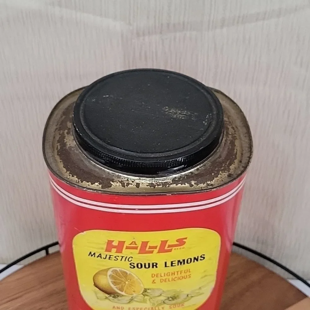 Halls Majestic Sour Lemons Vintage Advertising Tin Can Farmhouse Decor